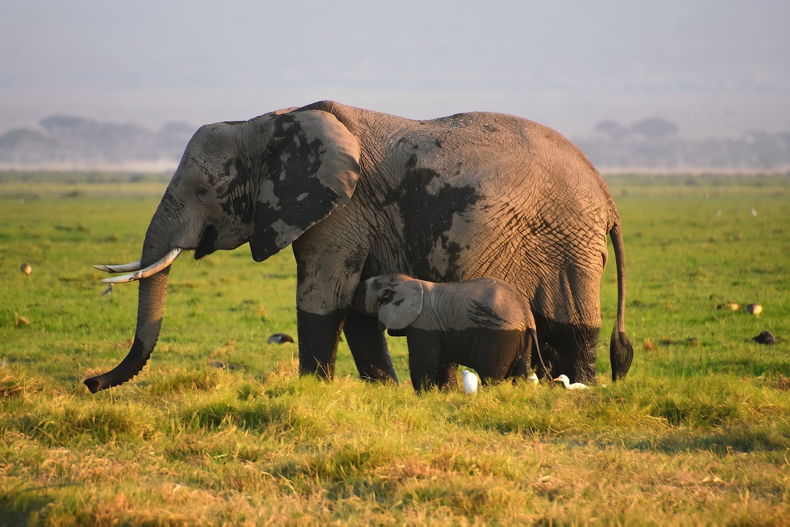Elephant and calf with cattle egrets, Amboseli